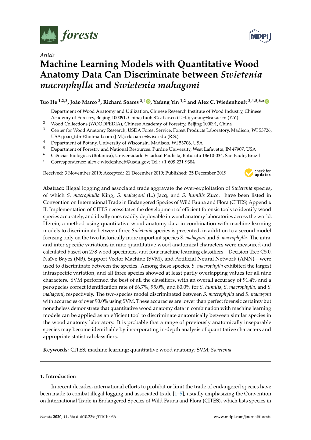 Machine Learning Models with Quantitative Wood Anatomy Data Can Discriminate Between Swietenia Macrophylla and Swietenia Mahagoni