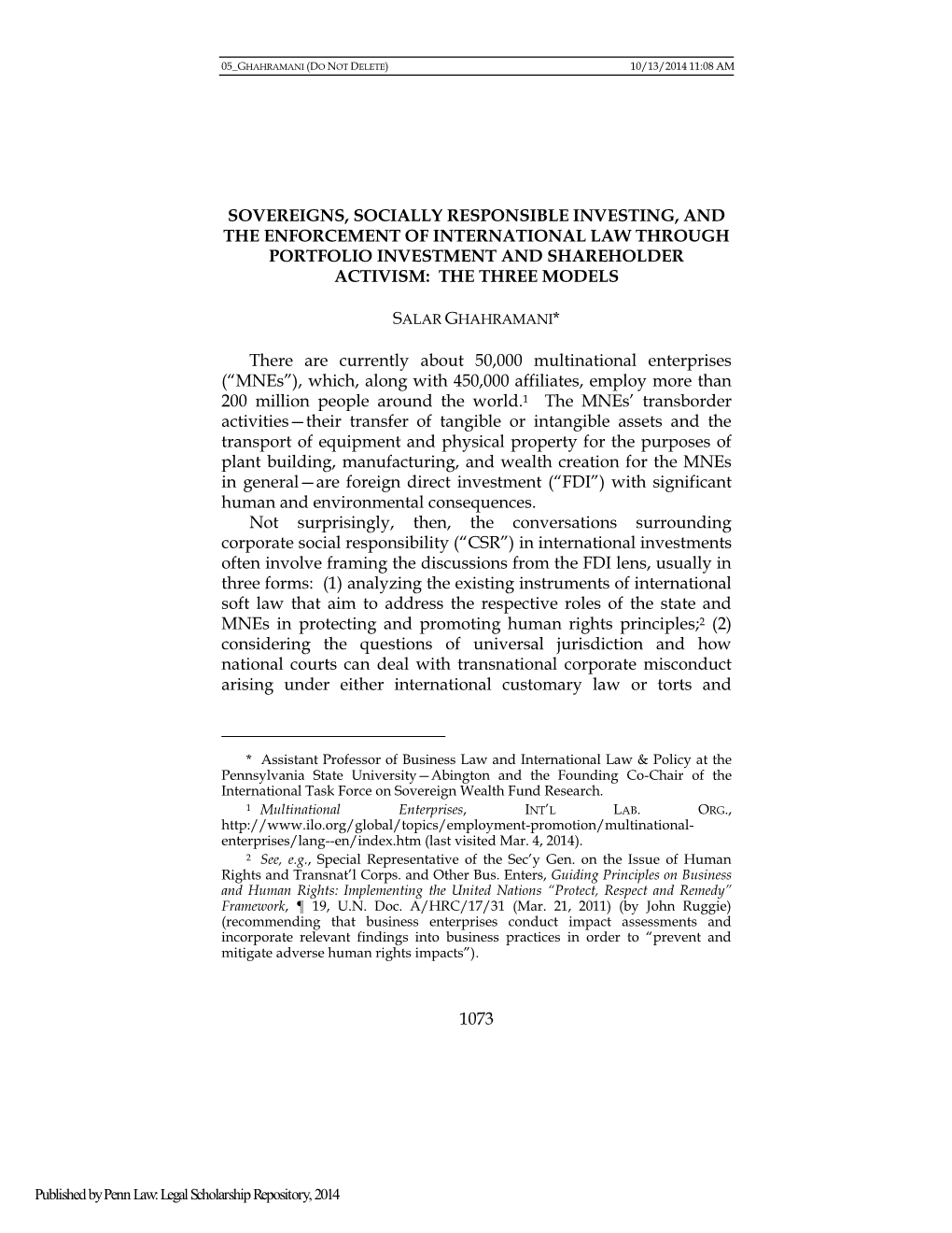 Sovereigns, Socially Responsible Investing, and the Enforcement of International Law Through Portfolio Investment and Shareholder Activism: the Three Models