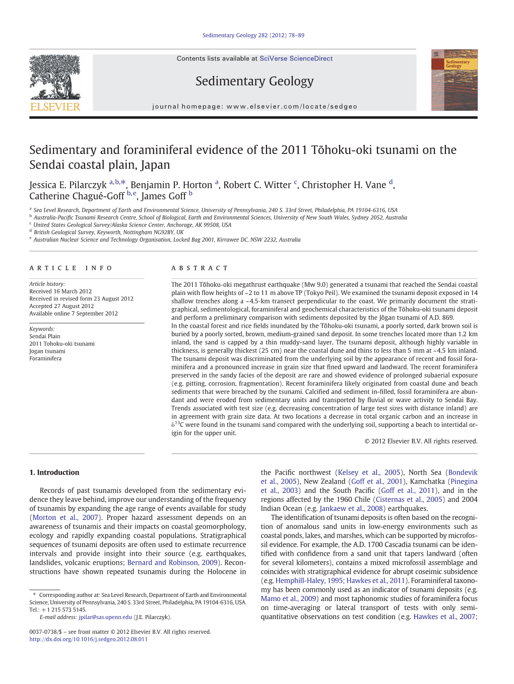 Sedimentary and Foraminiferal Evidence of the 2011 Tōhoku-Oki Tsunami on the Sendai Coastal Plain, Japan