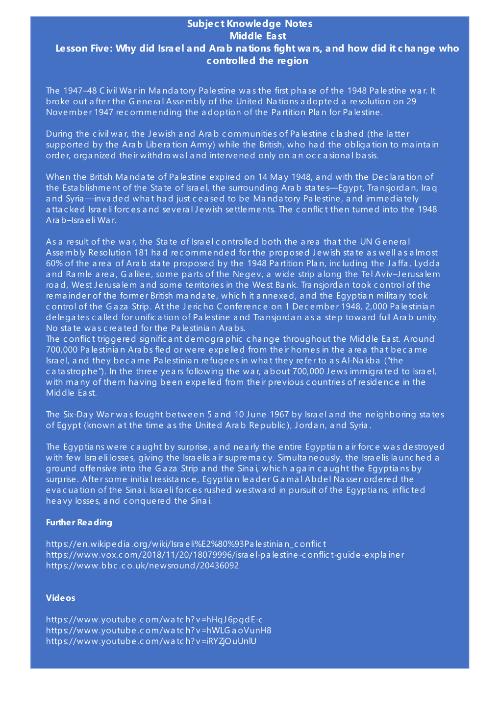 Subject Knowledge Notes Middle East Lesson Five: Why Did Israel and Arab Nations Fight Wars, and How Did It Change Who Controlled the Region