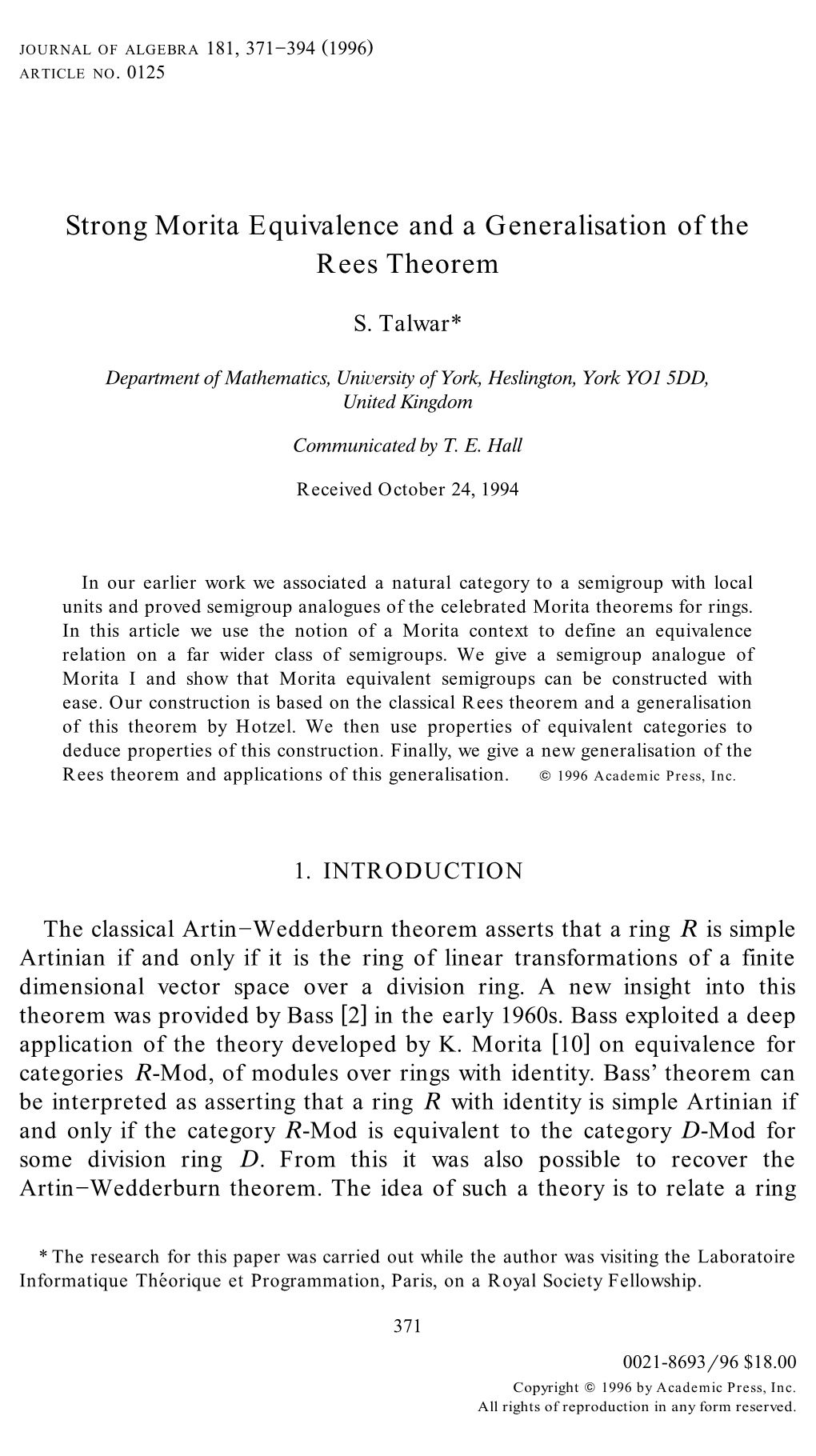 Strong Morita Equivalence and a Generalisation of the Rees Theorem