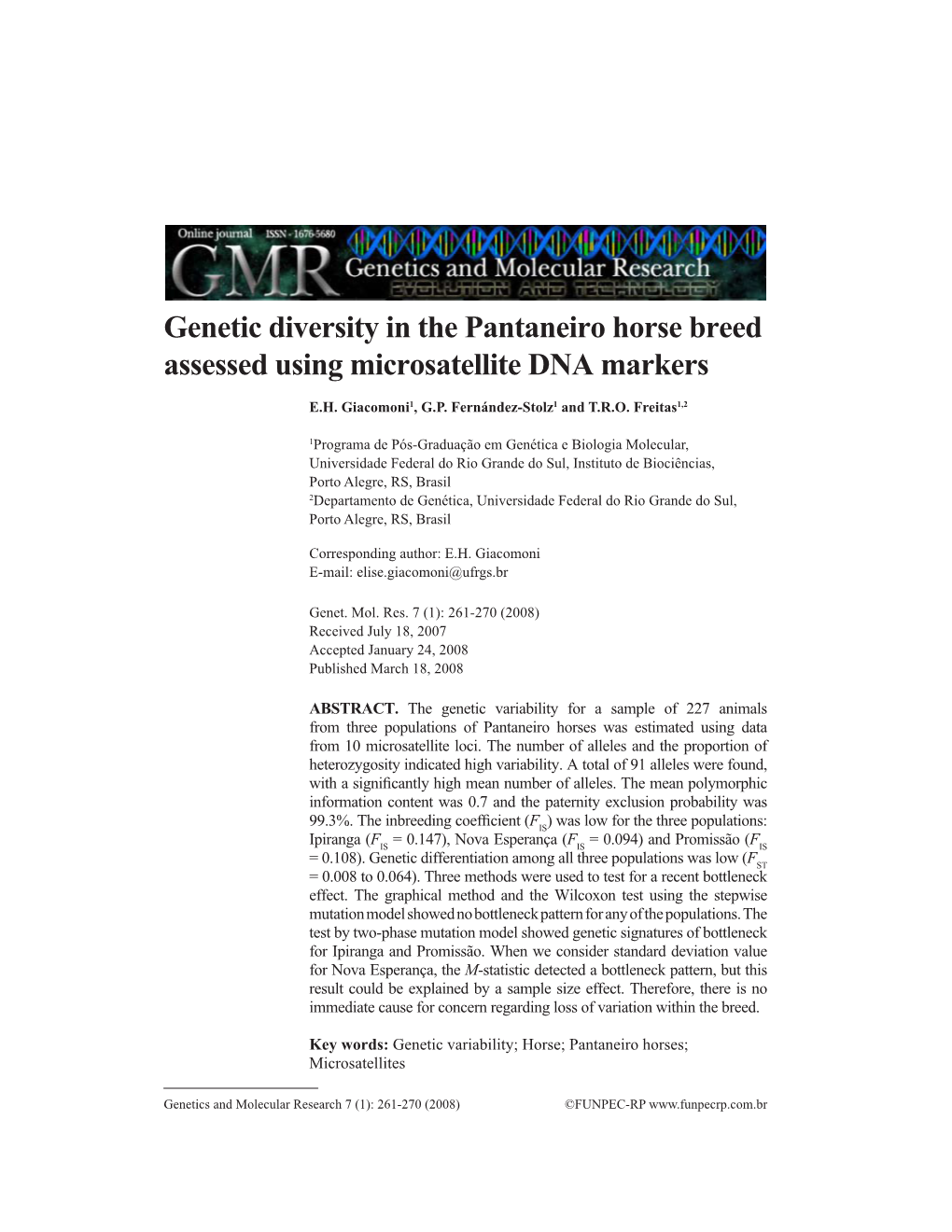 Genetic Diversity in the Pantaneiro Horse Breed Assessed Using Microsatellite DNA Markers