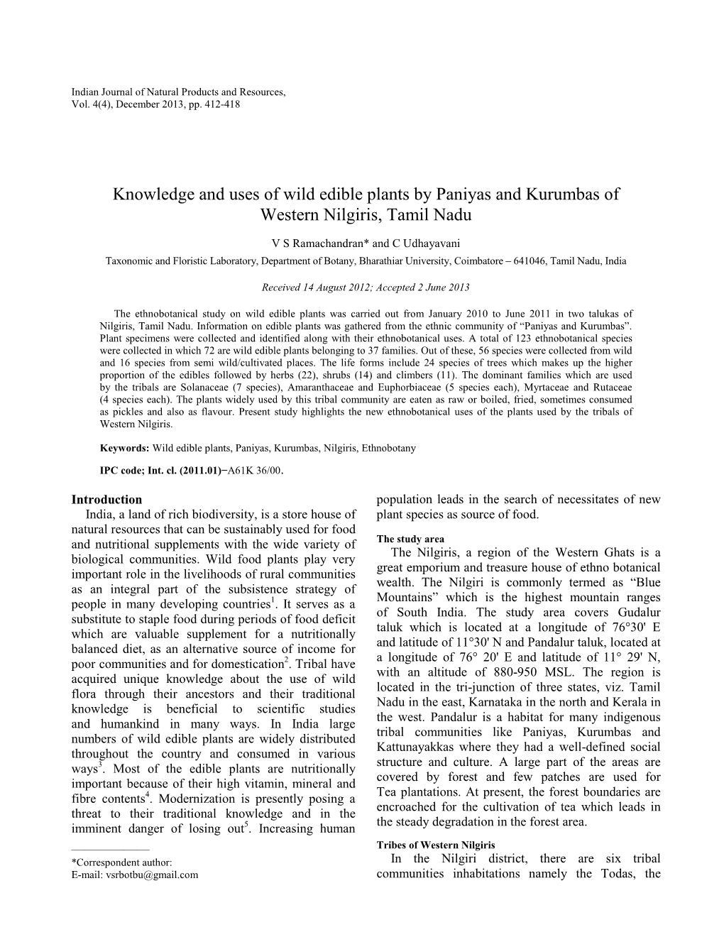 Knowledge and Uses of Wild Edible Plants by Paniyas and Kurumbas of Western Nilgiris, Tamil Nadu