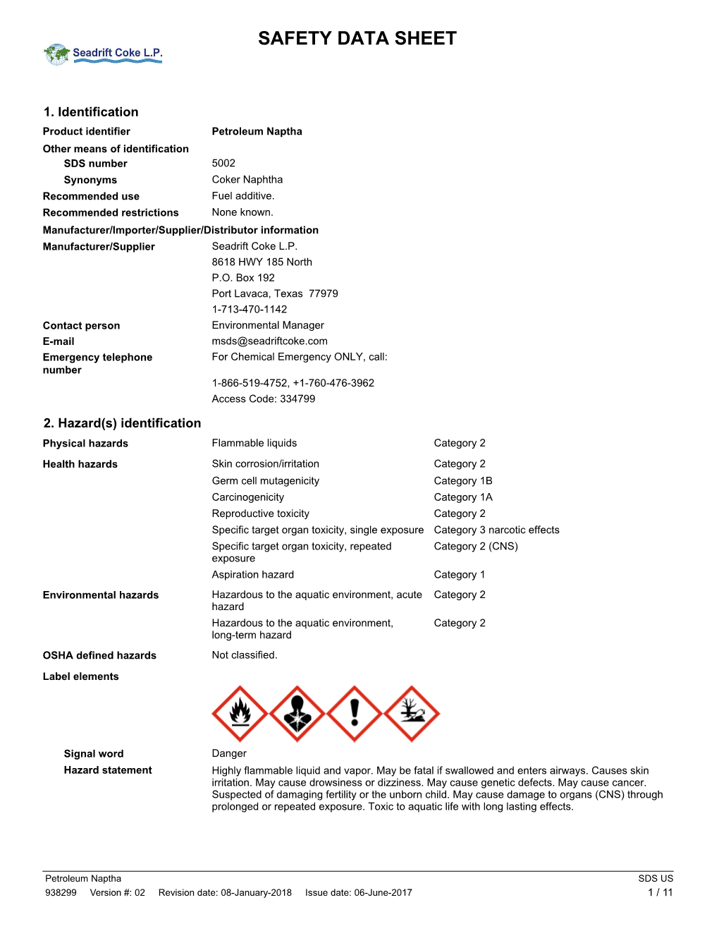 SDS US 938299 Version #: 02 Revision Date: 08-January-2018 Issue Date: 06-June-2017 1 / 11 Precautionary Statement Prevention Obtain Special Instructions Before Use