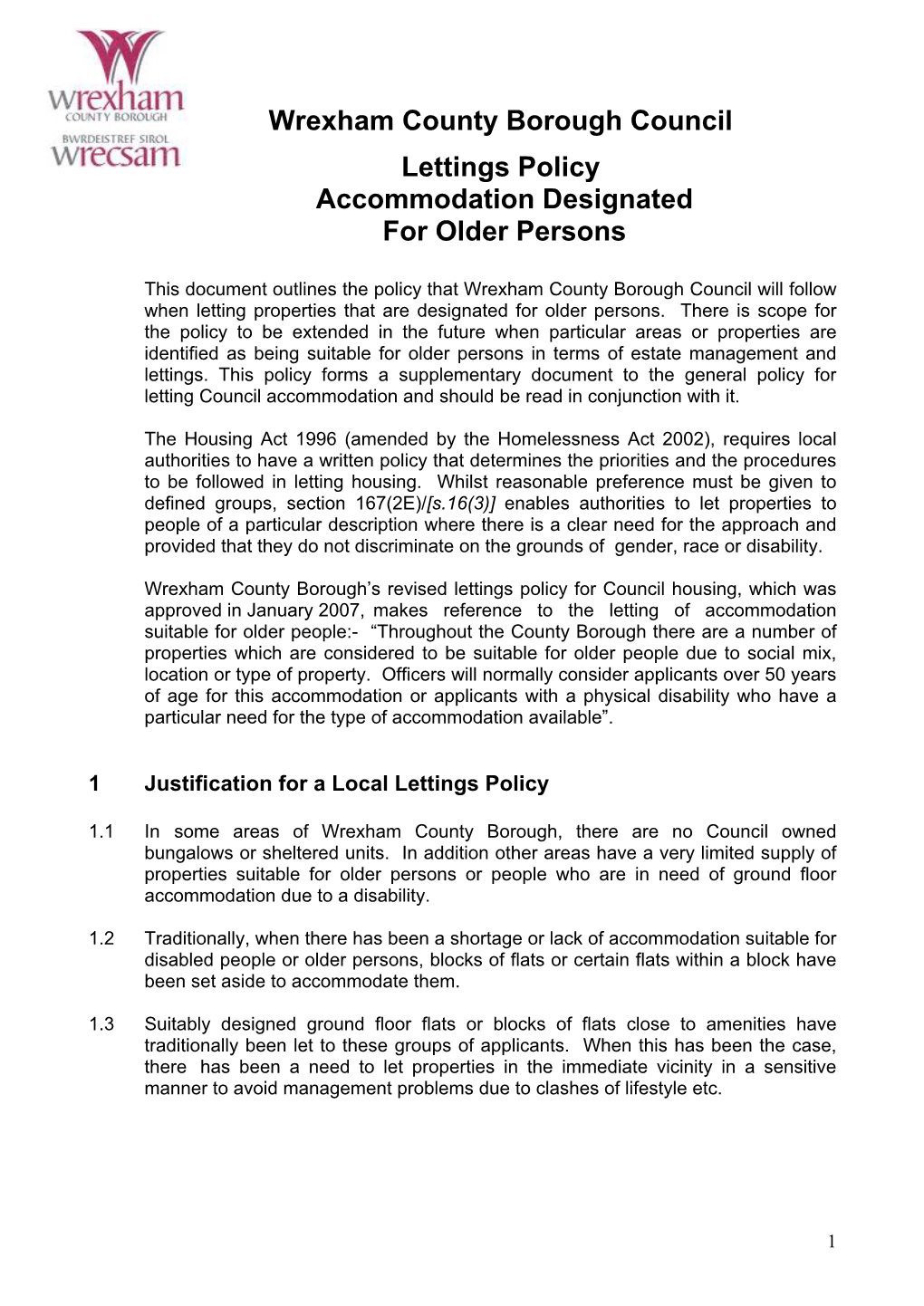 Wrexham County Borough Council Lettings Policy Accommodation