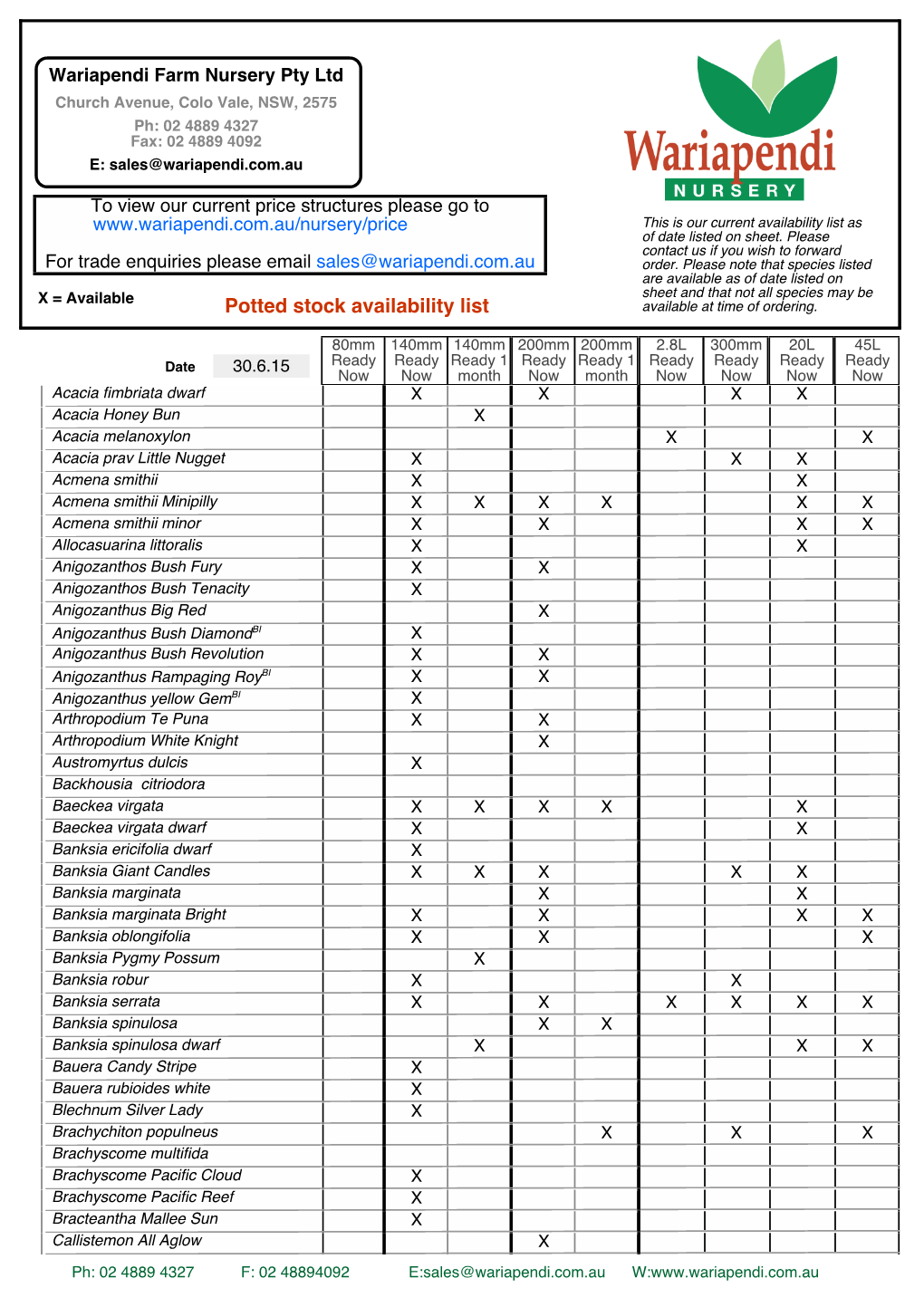 Potted Stock Availability List Available at Time of Ordering