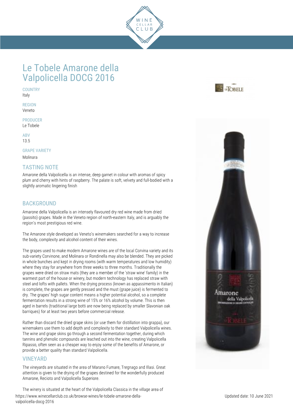 Le Tobele Amarone Della Valpolicella DOCG 2016 COUNTRY Italy