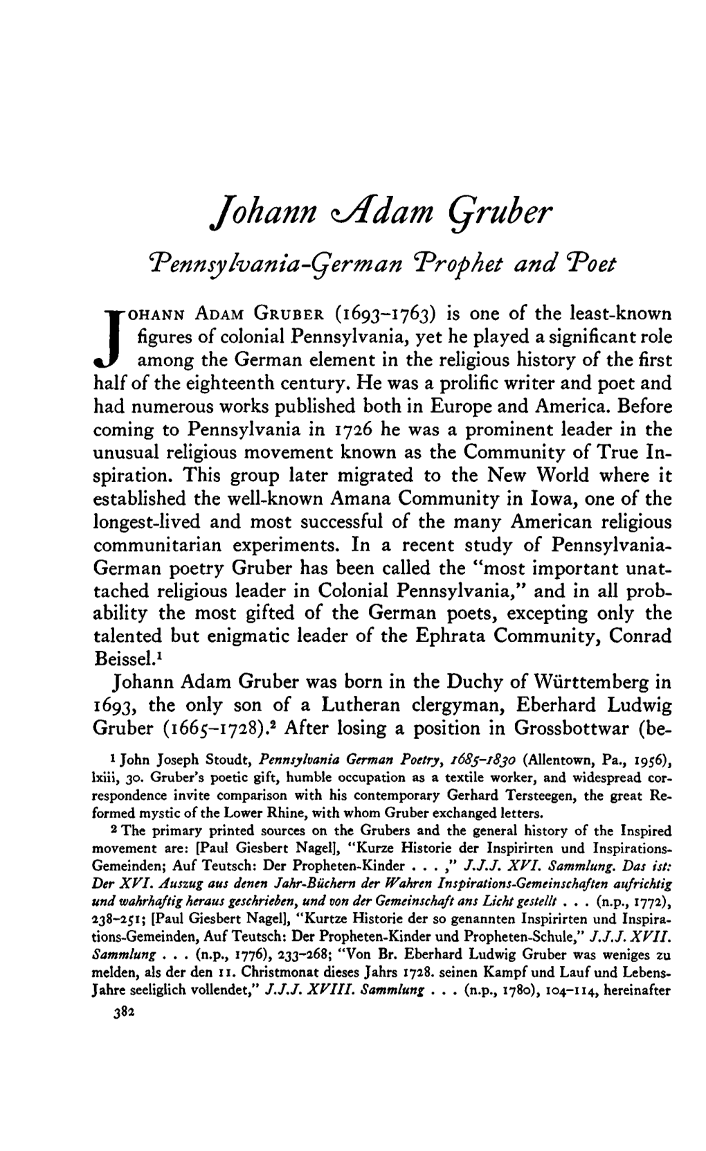 Johann Zadam Qruber Pennsylvania-German Prophet and ^Poet