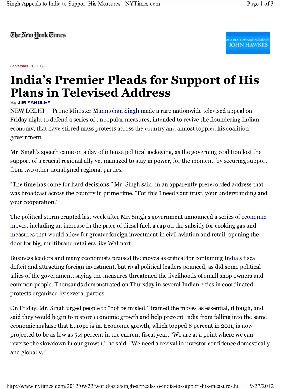 India's Premier Pleads for Support of His Plans in Televised Address