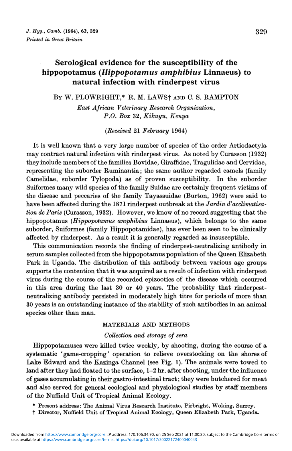 Serological Evidence for the Susceptibility of the Hippopotamus (Hippopotamus Amphibius Linnaeus) to Natural Infection with Rinderpest Virus