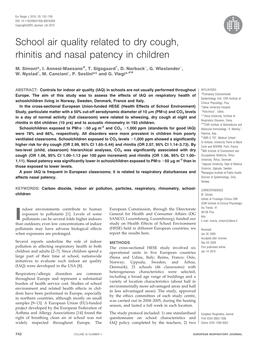 School Air Quality Related to Dry Cough, Rhinitis and Nasal Patency in Children