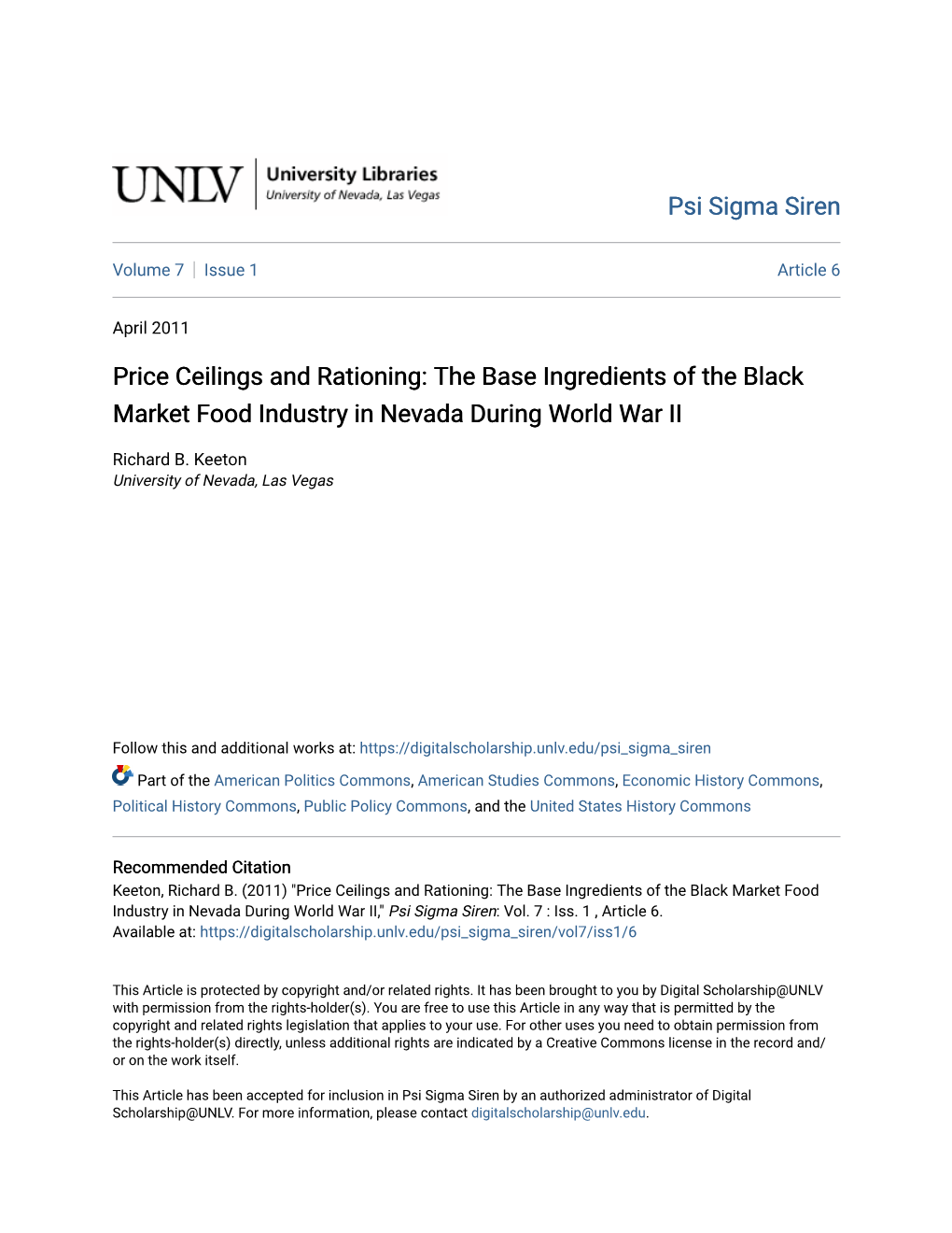 Price Ceilings and Rationing: the Base Ingredients of the Black Market Food Industry in Nevada During World War II