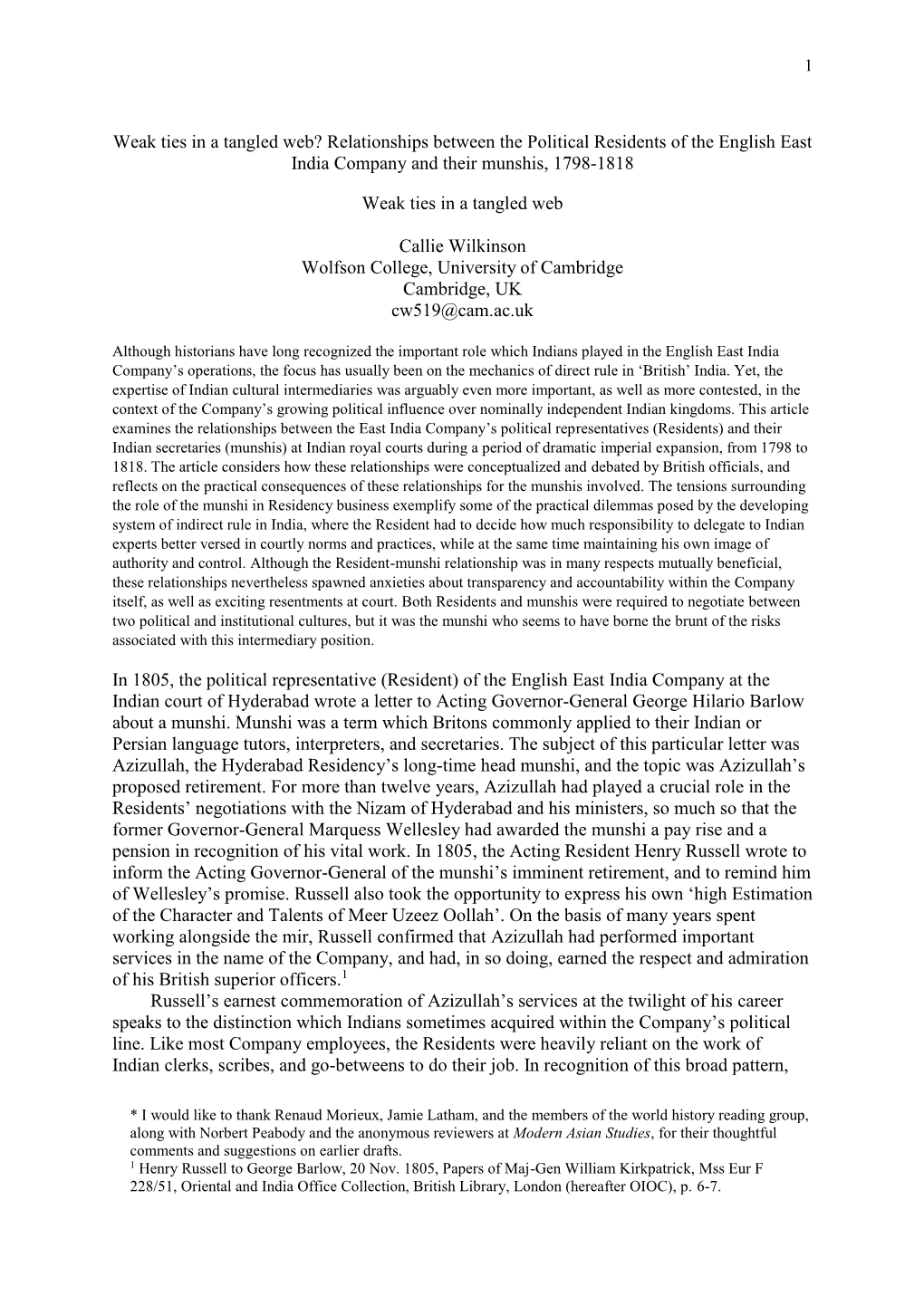 Weak Ties in a Tangled Web? Relationships Between the Political Residents of the English East India Company and Their Munshis, 1798-1818