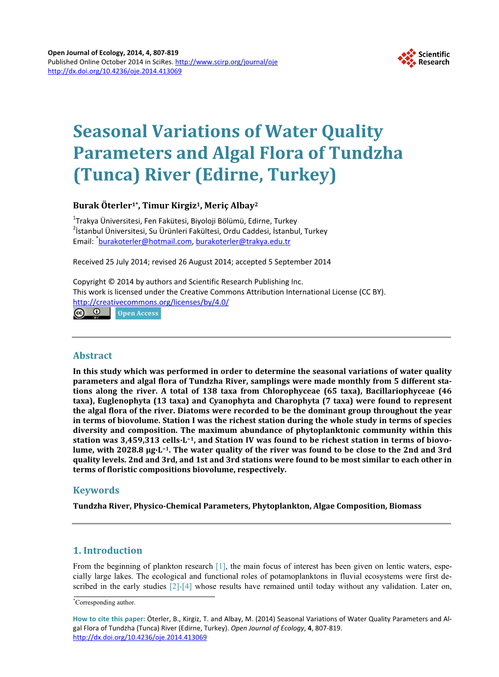 Seasonal Variations of Water Quality Parameters and Algal Flora of Tundzha (Tunca) River (Edirne, Turkey)