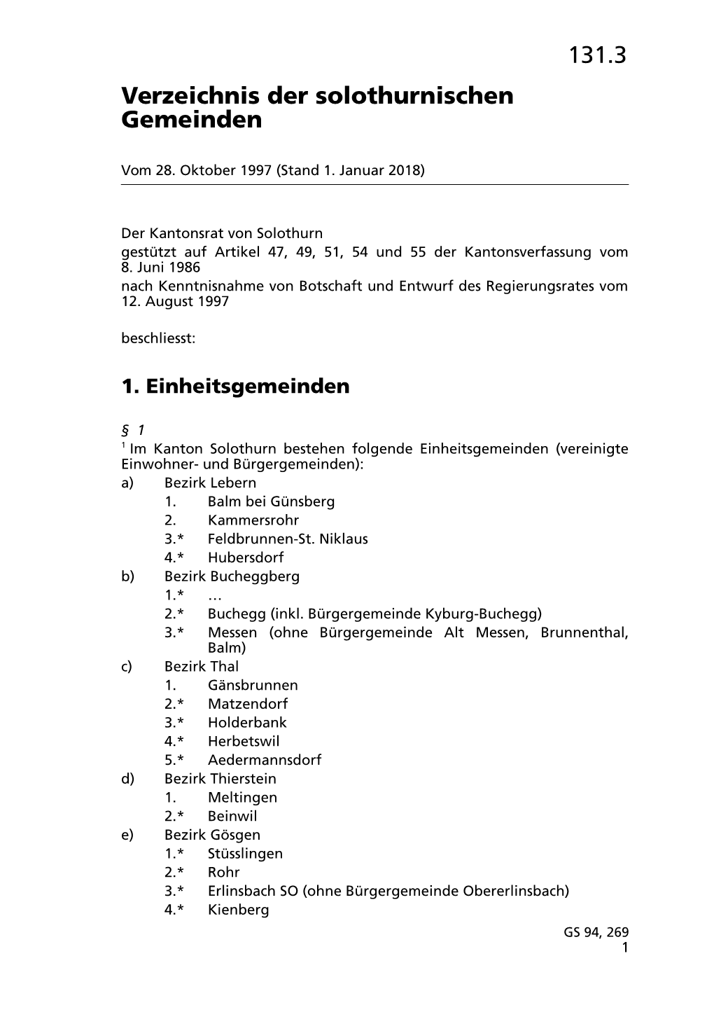 Verzeichnis Der Solothurnischen Gemeinden