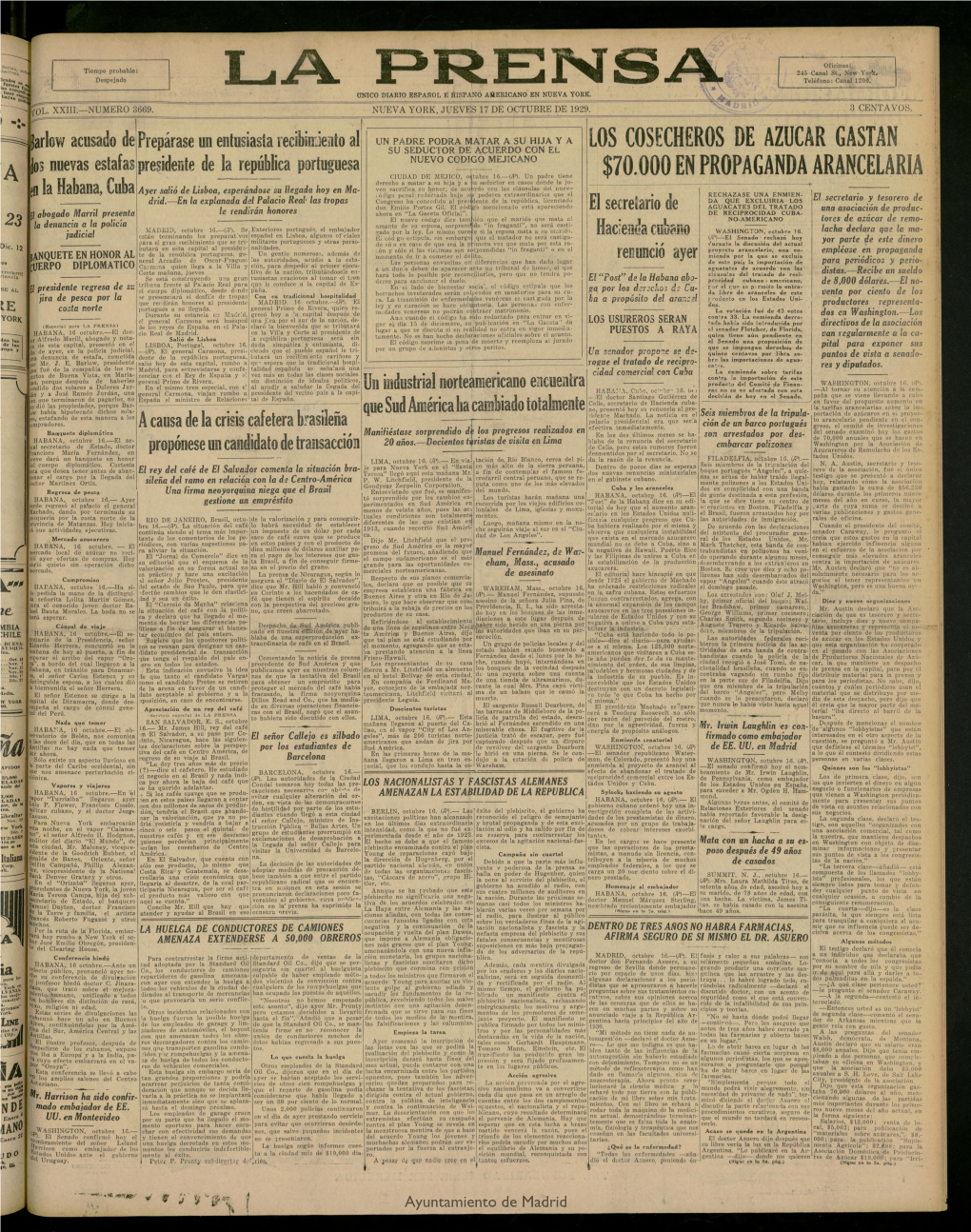 La Prensa: Único Diario Español E Hispano Americano En Nueva York, Del 17 De Octubre De 1929, Nº 3669