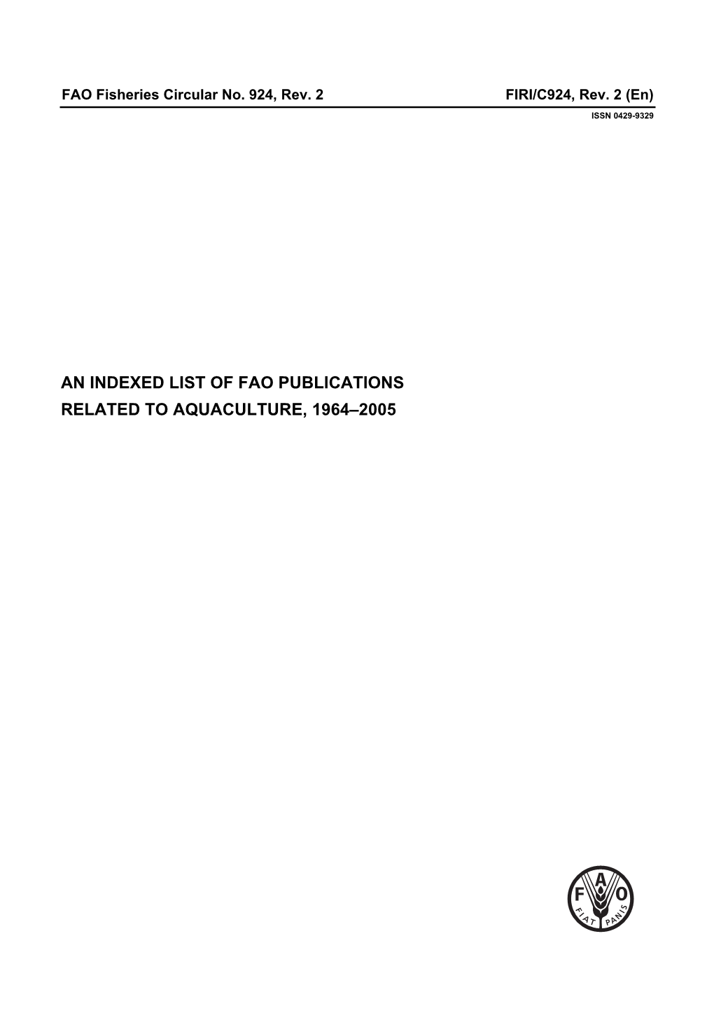 An Indexed List of Fao Publications Related to Aquaculture, 1964–2005