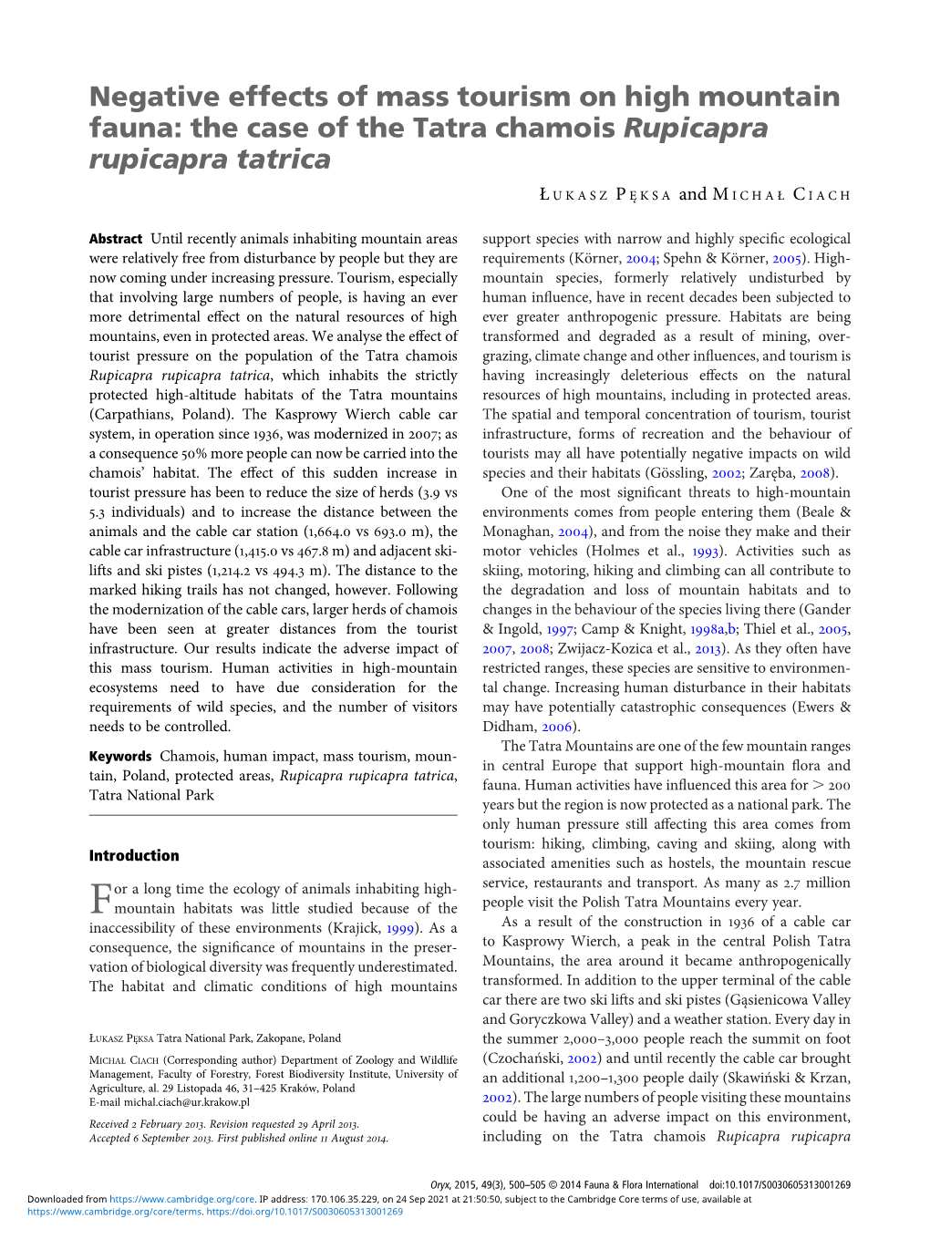 Negative Effects of Mass Tourism on High Mountain Fauna: the Case of the Tatra Chamois Rupicapra Rupicapra Tatrica