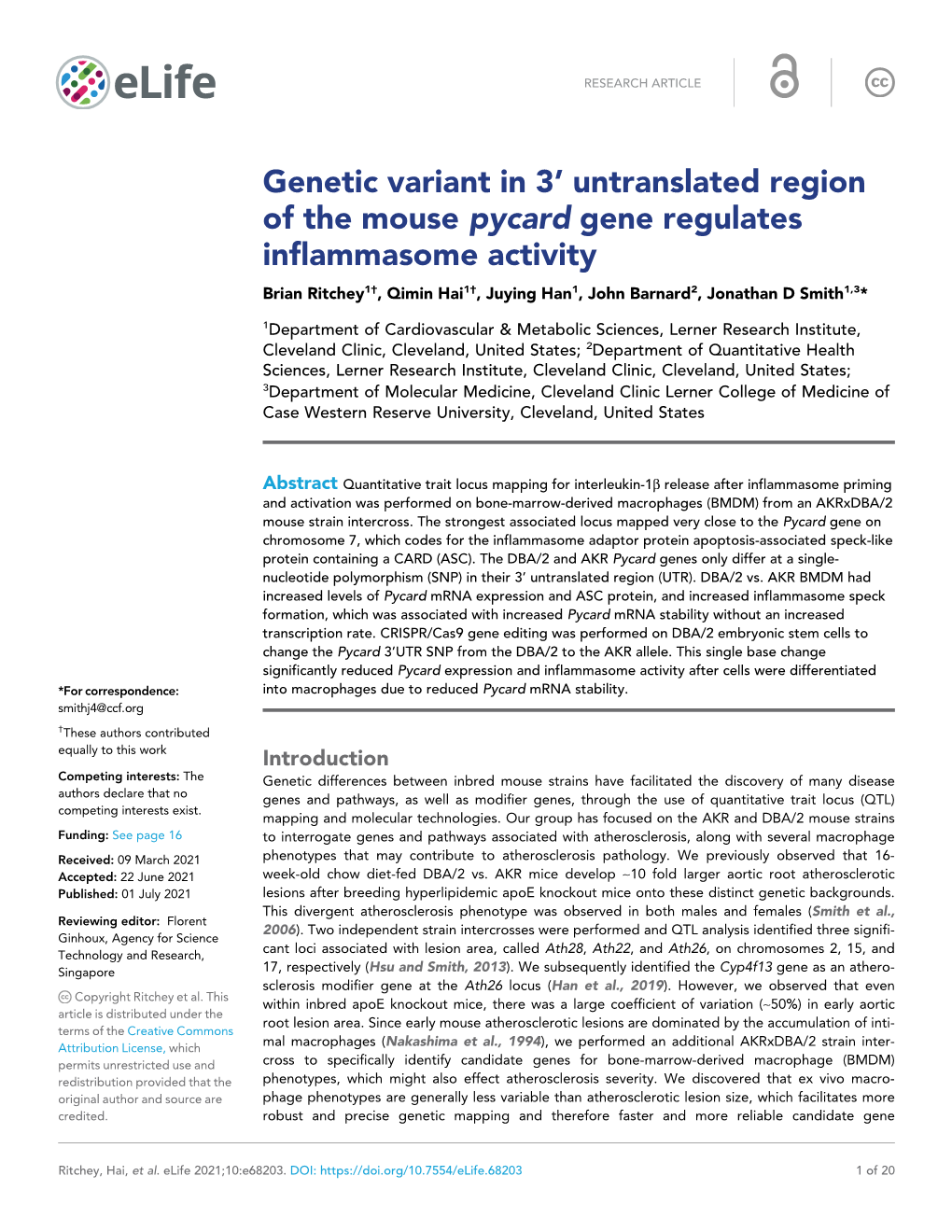 Genetic Variant in 3' Untranslated Region of the Mouse Pycard Gene