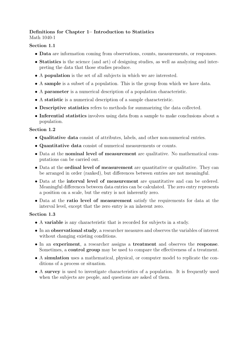 Definitions for Chapter 1– Introduction to Statistics Math 1040-1 Section