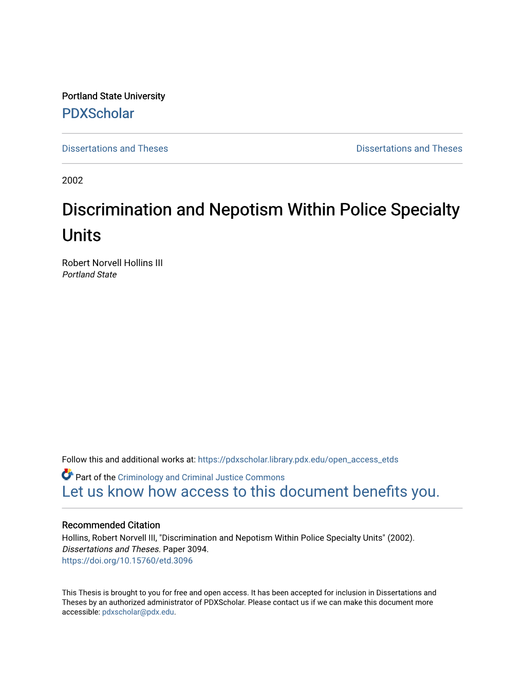 Discrimination and Nepotism Within Police Specialty Units