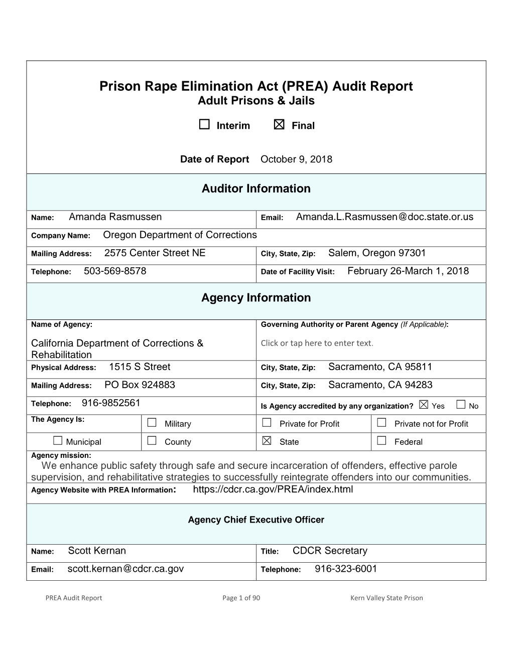 Kern Valley State Prison (KVSP) Final PREA Audit Report -2018