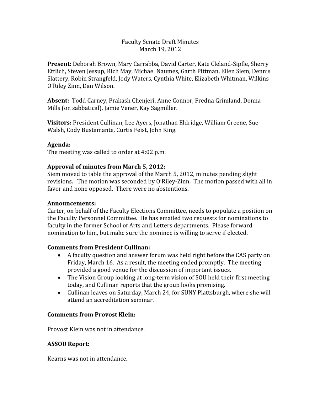 Faculty Senate Draft Minutes