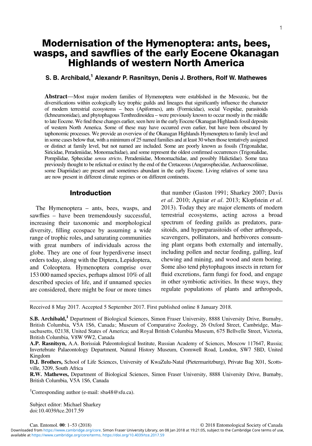 Modernisation of the Hymenoptera: Ants, Bees, Wasps, and Sawflies Of