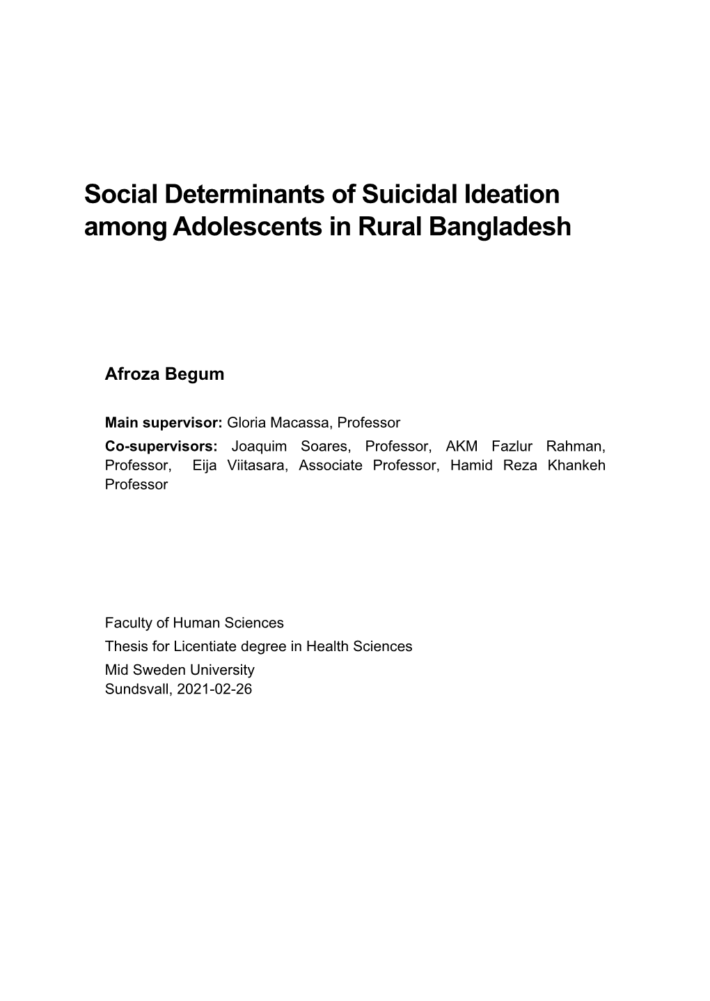 Social Determinants of Suicidal Ideation Among Adolescents in Rural Bangladesh