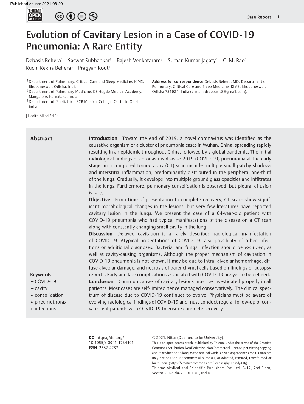 Evolution of Cavitary Lesion in a Case of COVID-19 Pneumonia: a Rare Entity