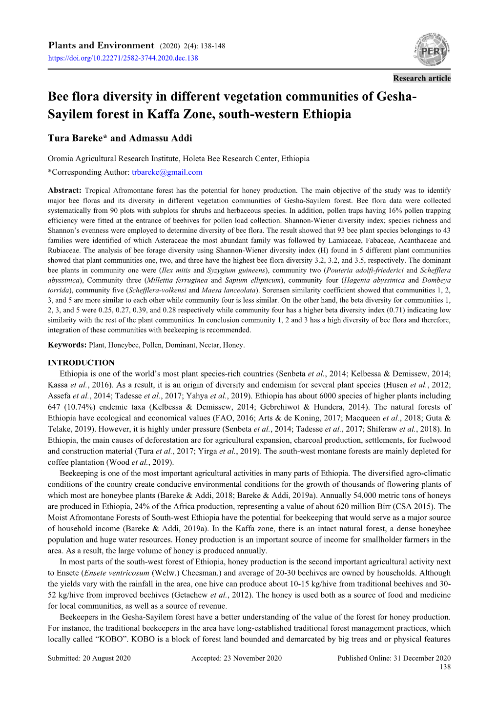 Bee Flora Diversity in Different Vegetation Communities of Gesha- Sayilem Forest in Kaffa Zone, South-Western Ethiopia