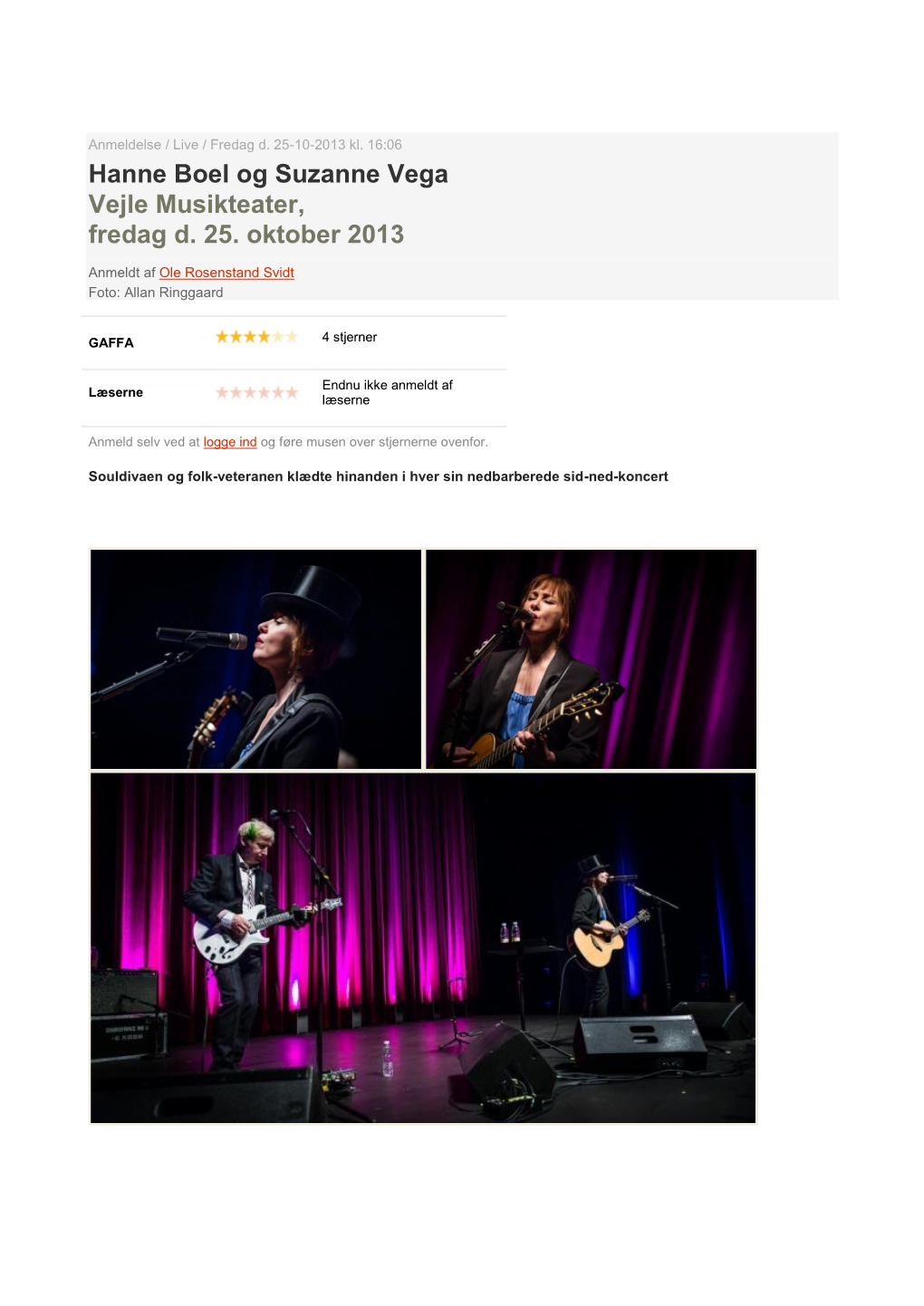 Hanne Boel Og Suzanne Vega Vejle Musikteater, Fredag D