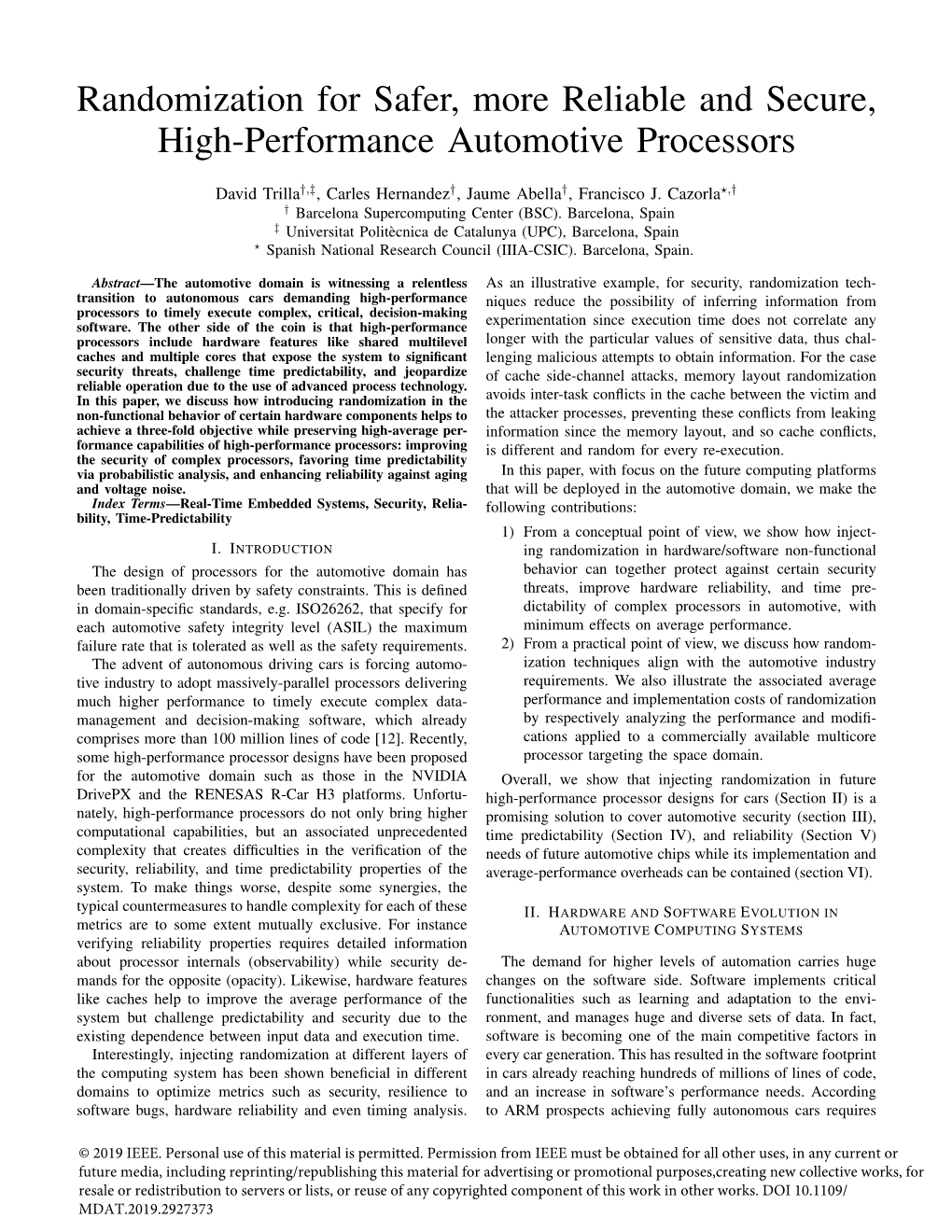 Randomization for Safer, More Reliable and Secure, High-Performance Automotive Processors