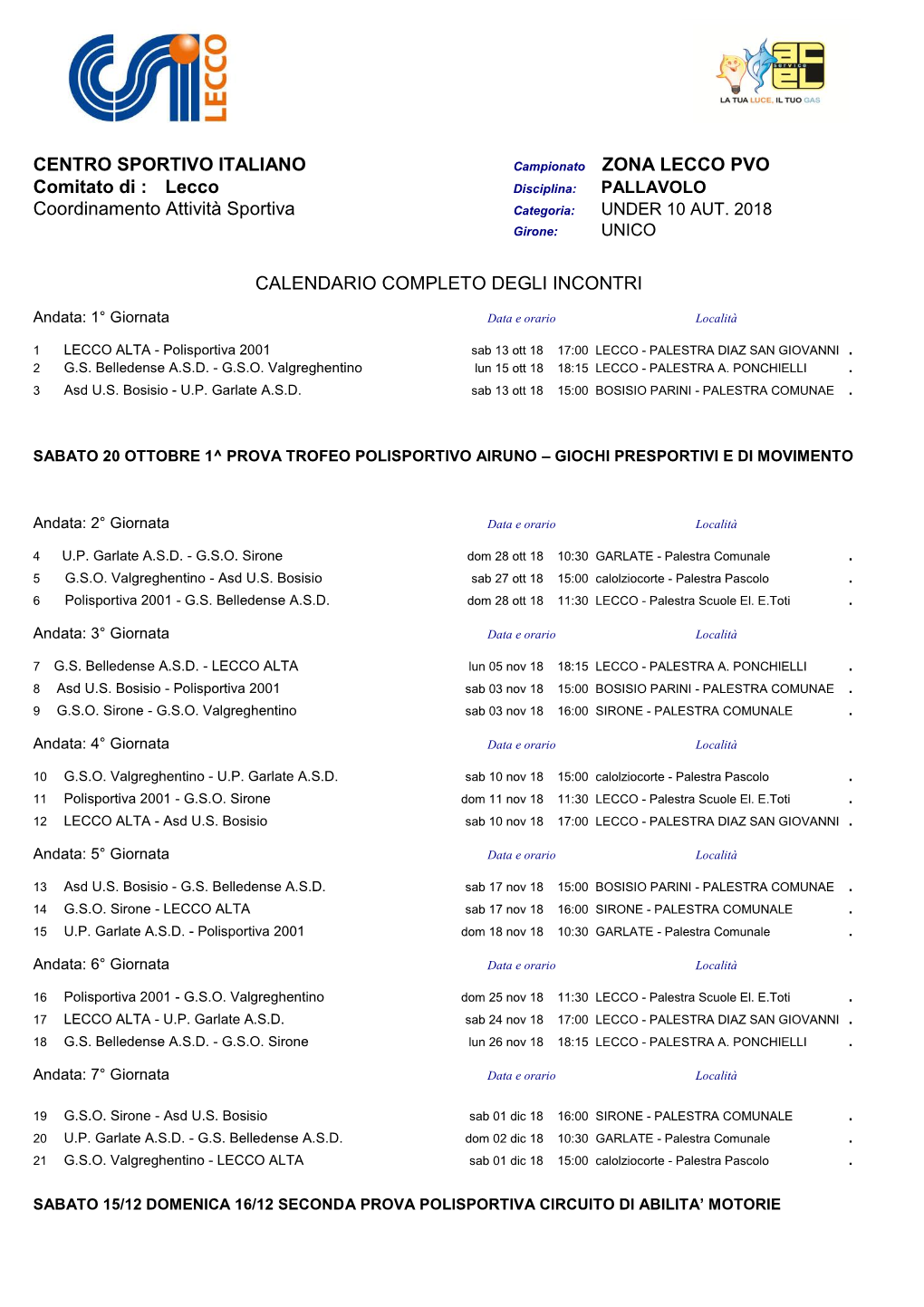 CENTRO SPORTIVO ITALIANO ZONA LECCO PVO Comitato Di