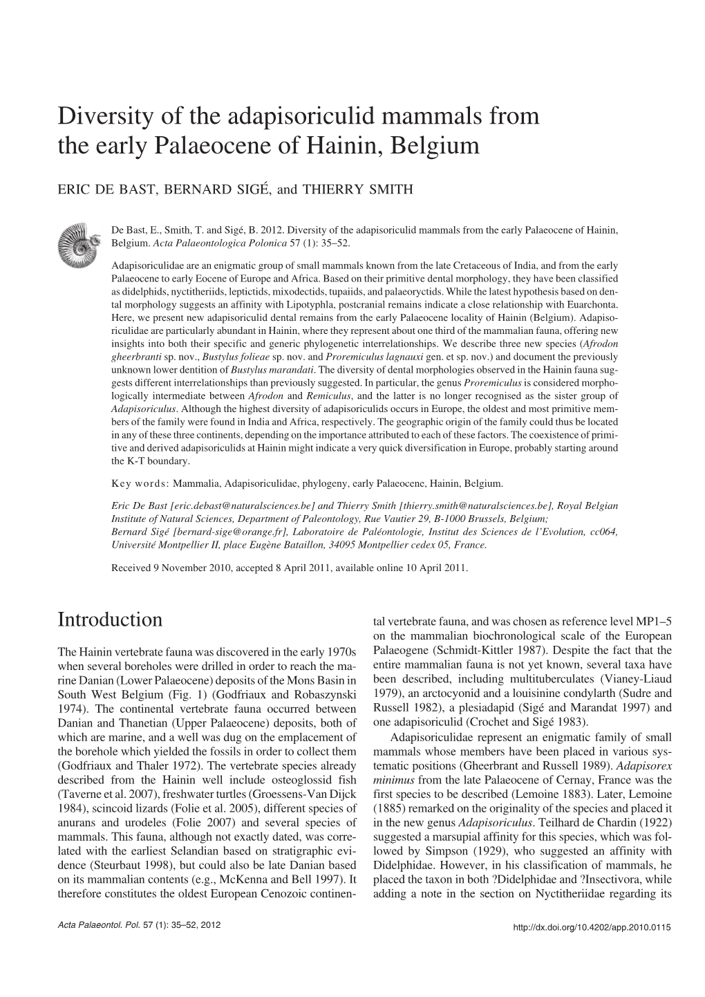 Diversity of the Adapisoriculid Mammals from the Early Palaeocene of Hainin, Belgium