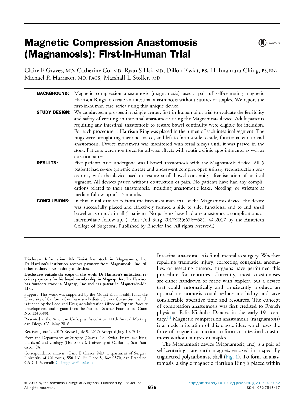 Magnetic Compression Anastomosis (Magnamosis): First-In-Human Trial