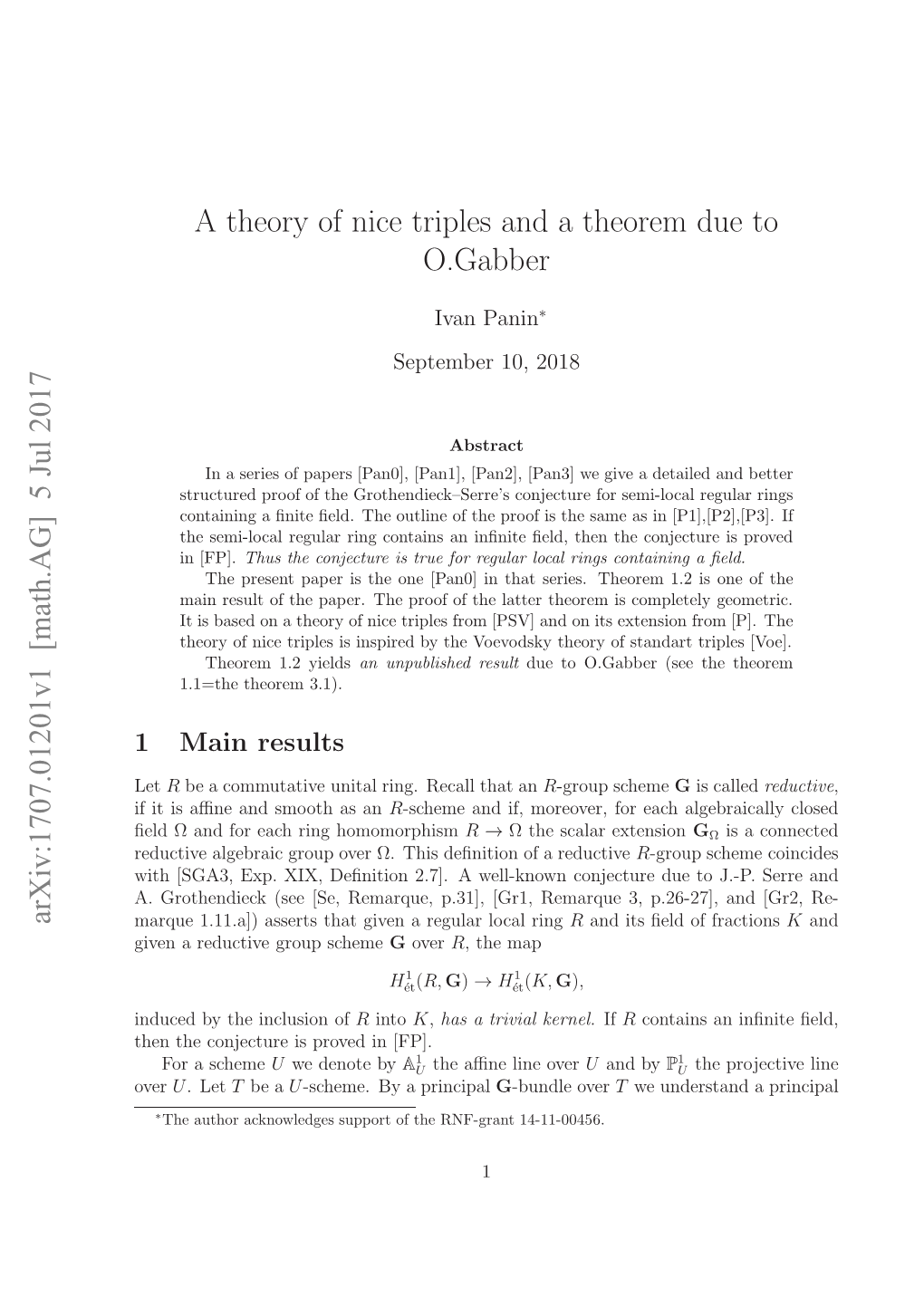 Arxiv:1707.01201V1 [Math.AG] 5 Jul 2017 a Theory of Nice Triples and a Theorem Due to O.Gabber