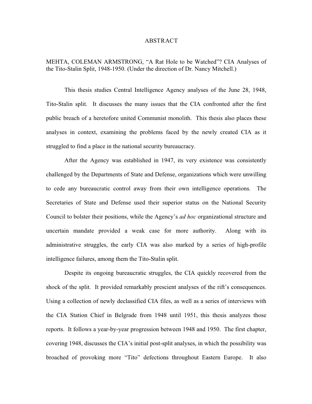 CIA Analyses of the Tito-Stalin Split, 1948-1950