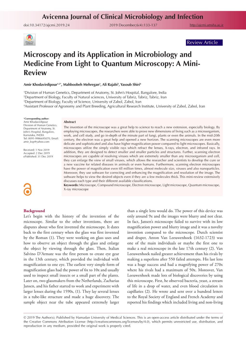 Microscopy and Its Application in Microbiology and Medicine from Light to Quantum Microscopy: a Mini Review