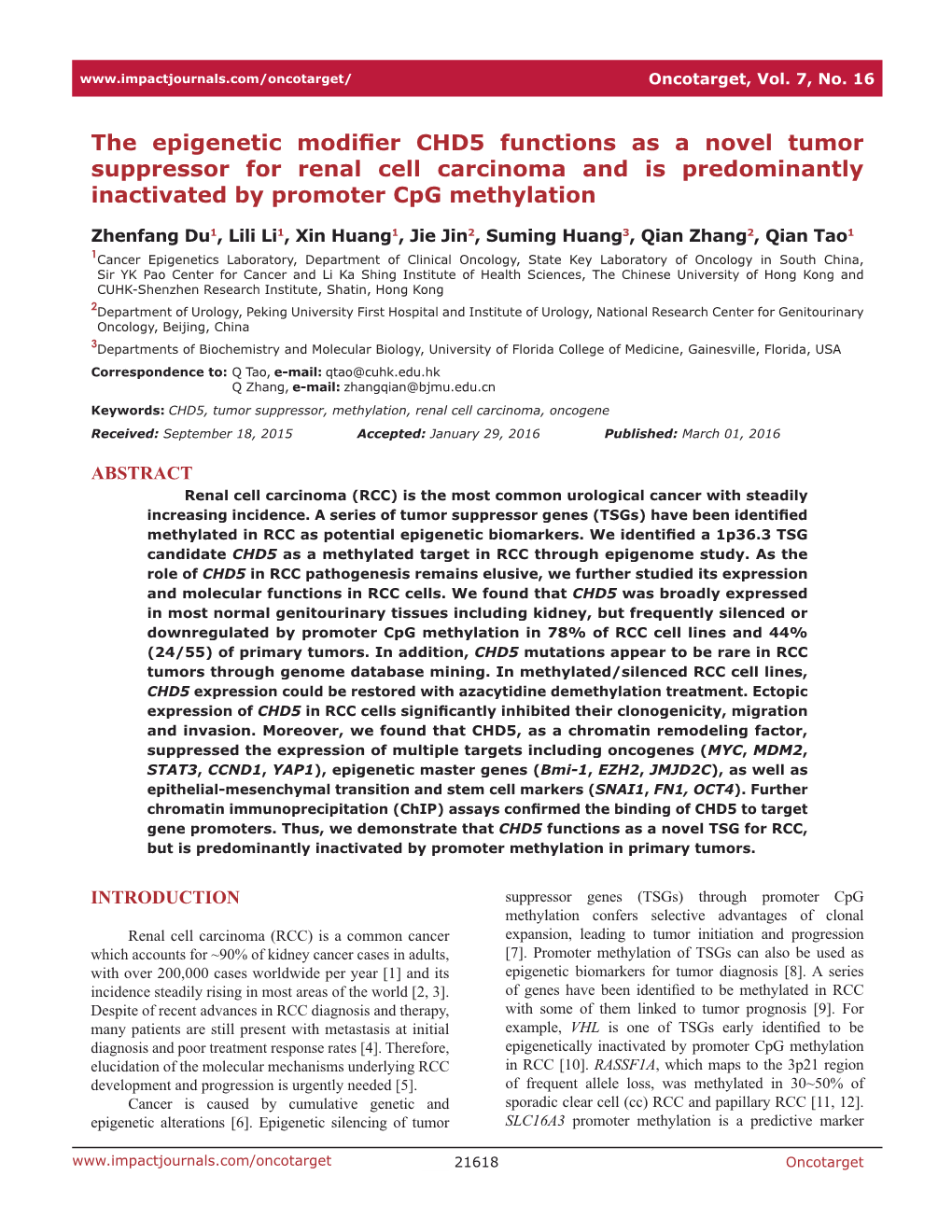 The Epigenetic Modifier CHD5 Functions As a Novel Tumor Suppressor for Renal Cell Carcinoma and Is Predominantly Inactivated by Promoter Cpg Methylation