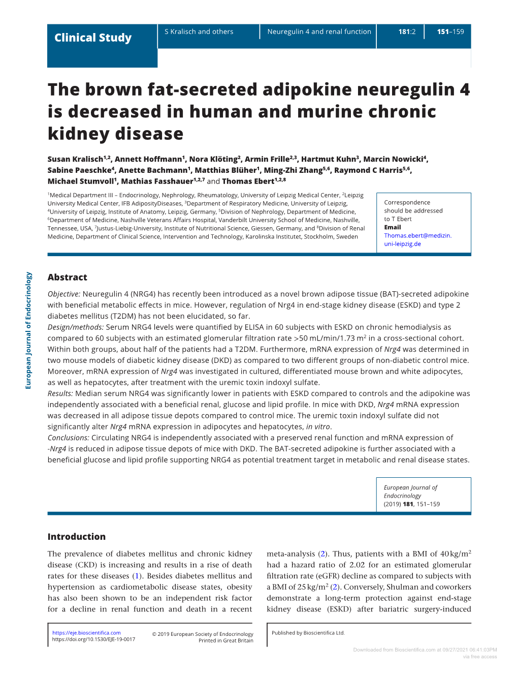 The Brown Fat-Secreted Adipokine Neuregulin 4 Is Decreased in Human and Murine Chronic Kidney Disease