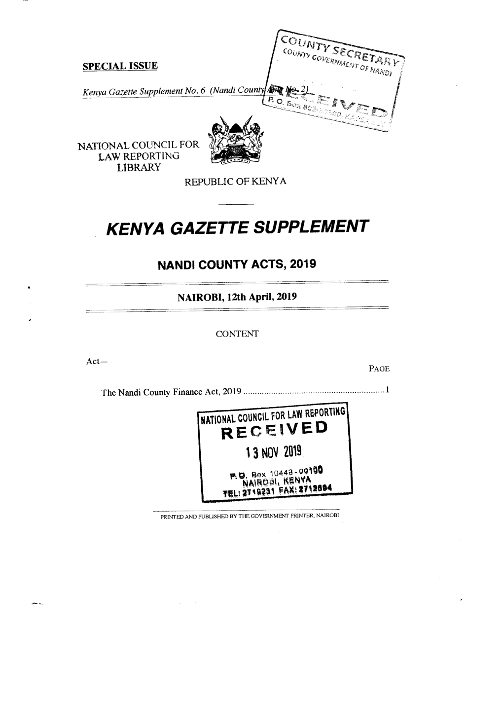 Kenya Gazette Supplement Received