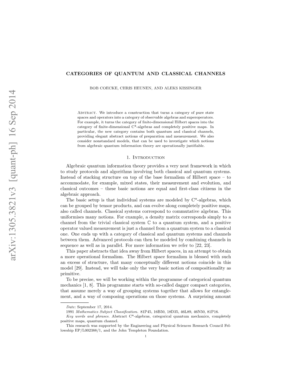 Arxiv:1305.3821V3 [Quant-Ph] 16 Sep 2014 Lsia Ucms–Teebscntosaeeuladﬁrst-Class and Equal Are Notions Hilbe and Basic of Approach