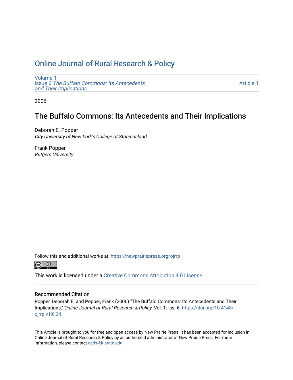 The Buffalo Commons: Its Antecedents and Their Implications
