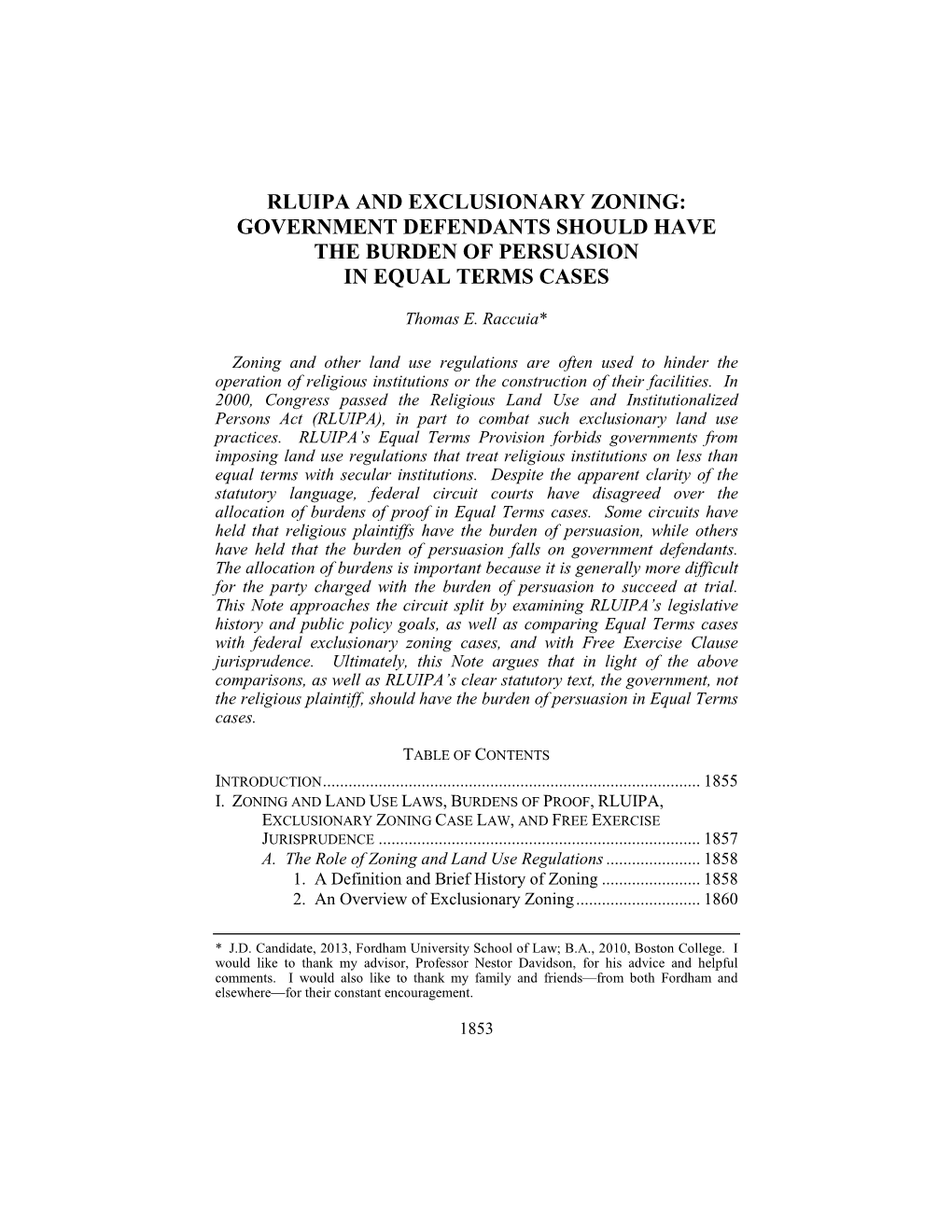 Rluipa and Exclusionary Zoning: Government Defendants Should Have the Burden of Persuasion in Equal Terms Cases