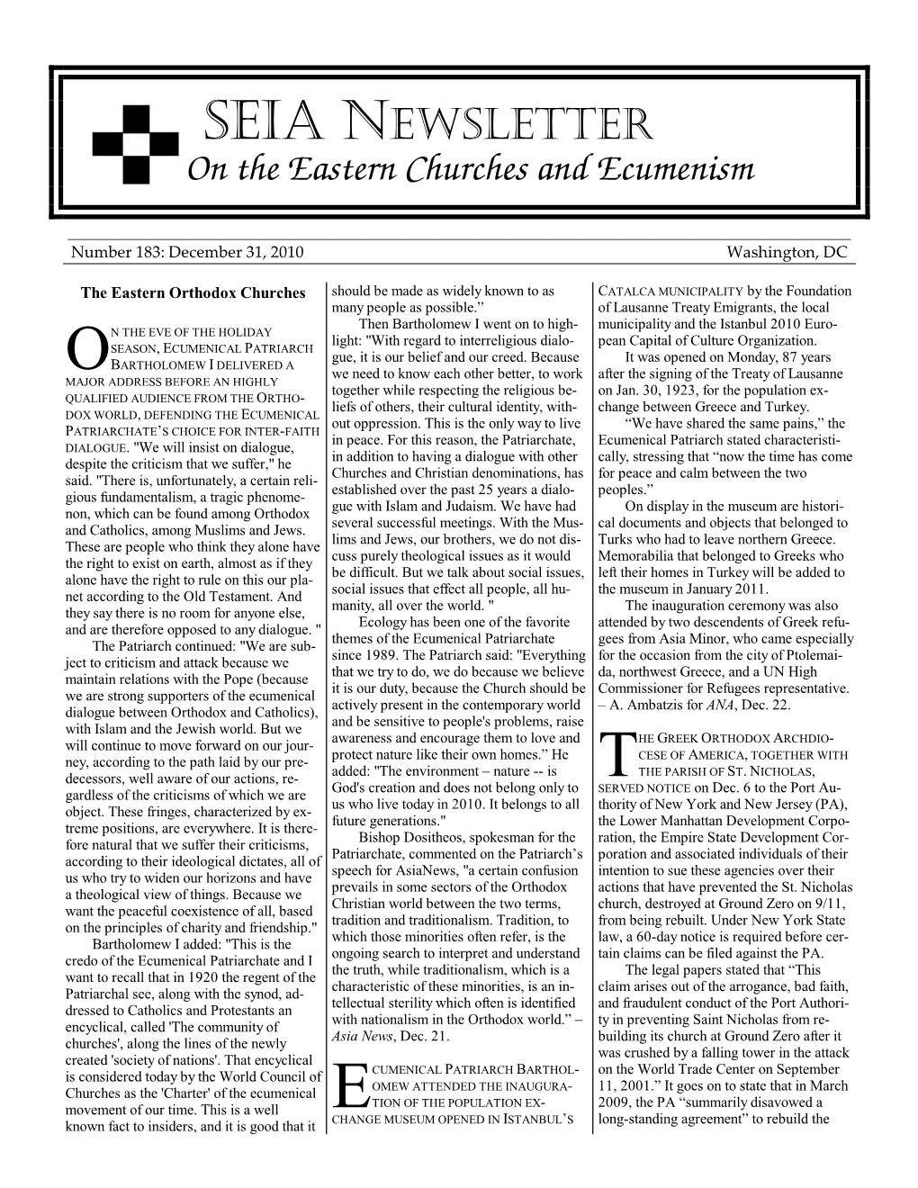 SEIA NEWSLETTER on the Eastern Churches and Ecumenism