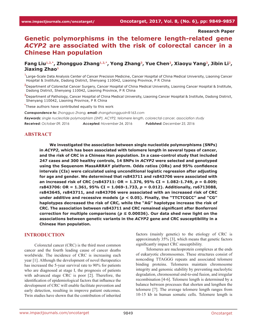 Genetic Polymorphisms in the Telomere Length-Related Gene ACYP2 Are Associated with the Risk of Colorectal Cancer in a Chinese Han Population