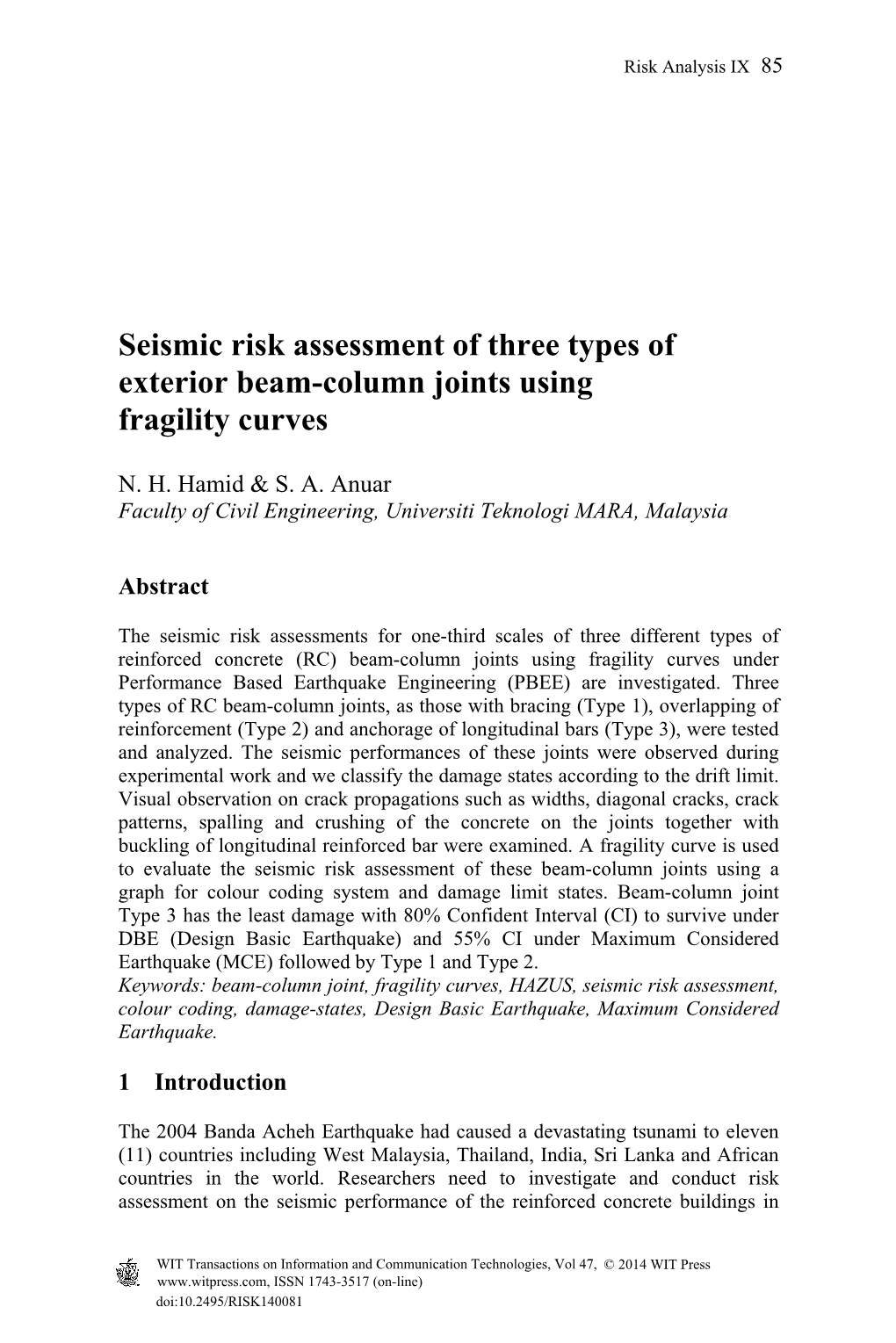 Seismic Risk Assessment of Three Types of Exterior Beam-Column Joints Using Fragility Curves