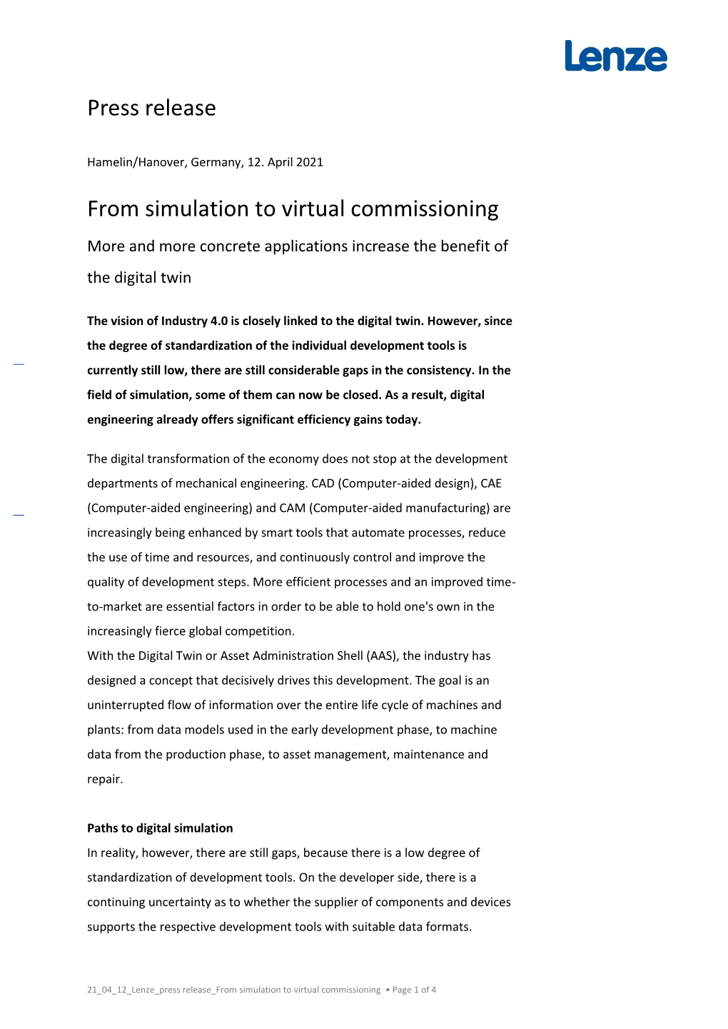 Press Release from Simulation to Virtual Commissioning