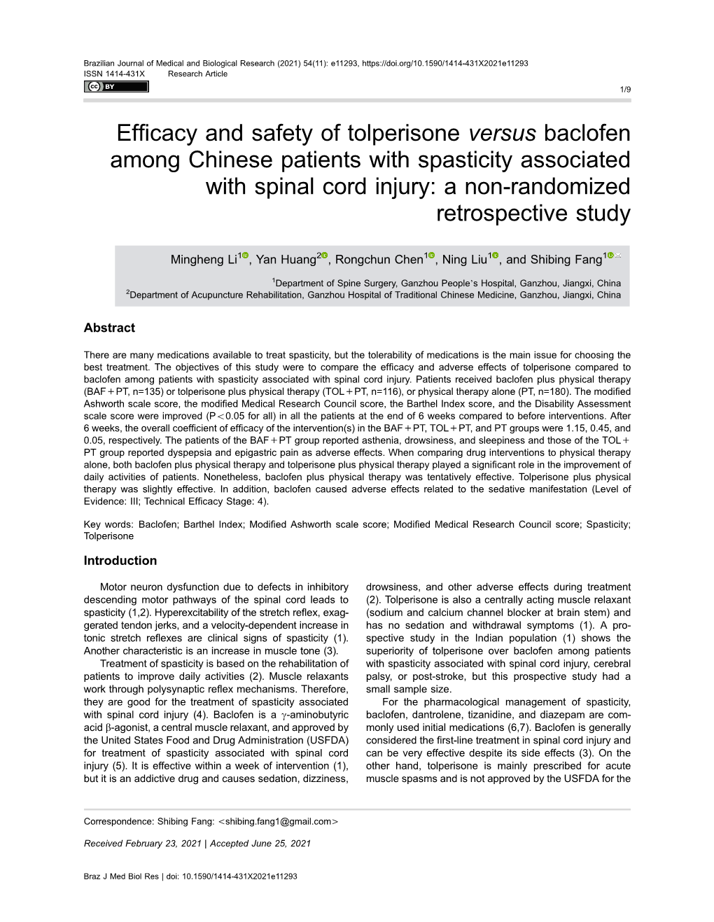 Efficacy and Safety of Tolperisone Versus Baclofen Among Chinese Patients with Spasticity Associated with Spinal Cord Injury: A